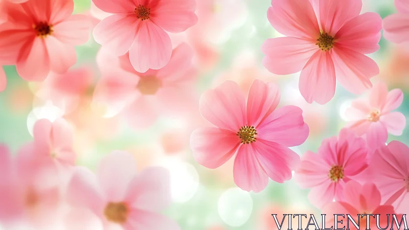 Pink Cosmos Flowers in Soft Focus Garden Setting.