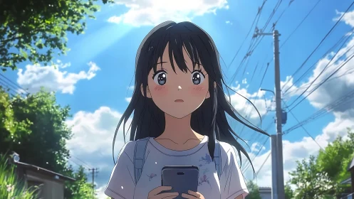 Anime girl walks quiet street under bright summer sky