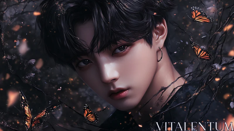 Androgynous portrait intersects monarch butterflies in dusk forest