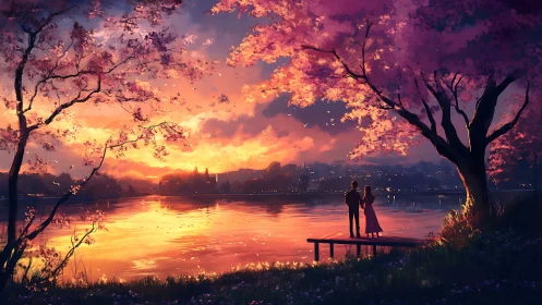 Digital painting of romantic lakeside sunset under blossoms.