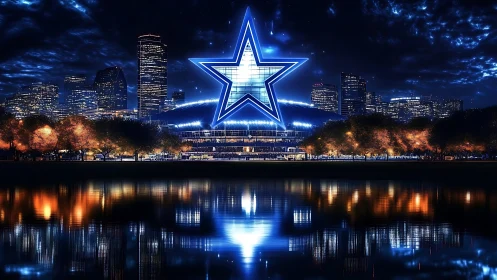 Glowing blue star crowns a lively night city waterfront