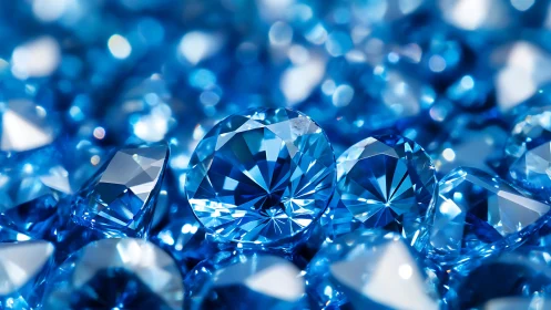 Blue faceted gemstones in close-up macro composition.