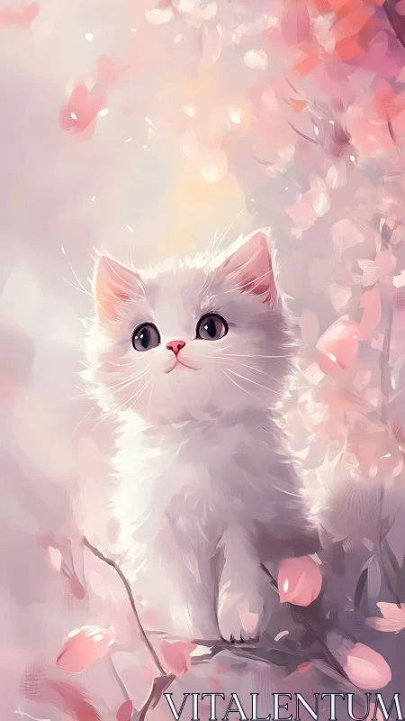 White Kitten Portrait Among Soft Pink Petals