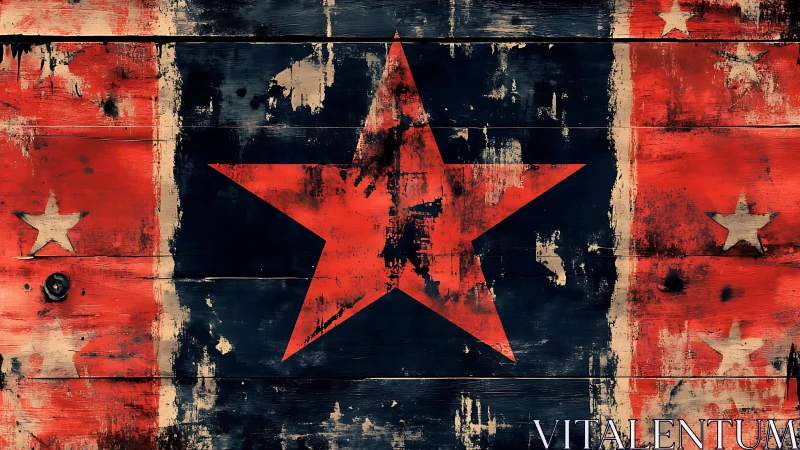 Weathered red star motif on distressed wooden panels.