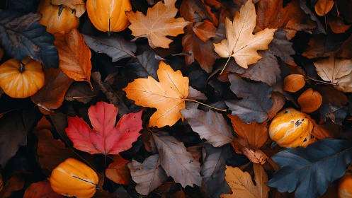 Overhead view records fallen autumn leaves and small gourds