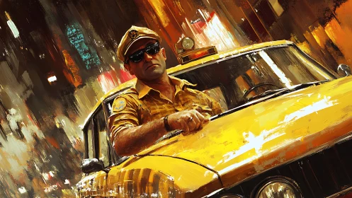 Taxi driver in yellow vehicle amid abstract urban lights.