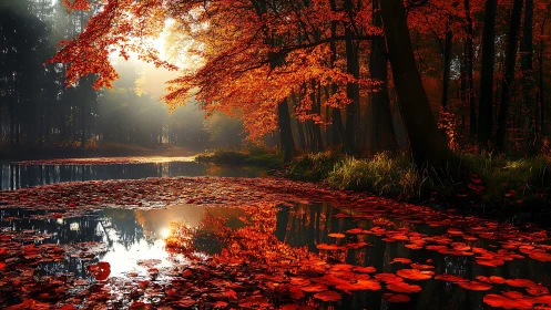 Crimson leaves choreograph light over a whispering forest pond
