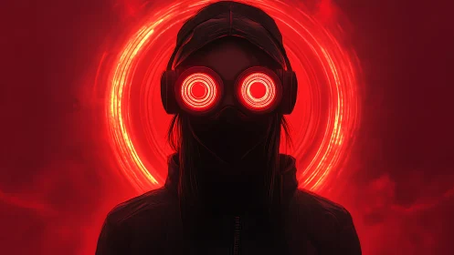 Neon-eyed wanderer drinks in the storm of red halos