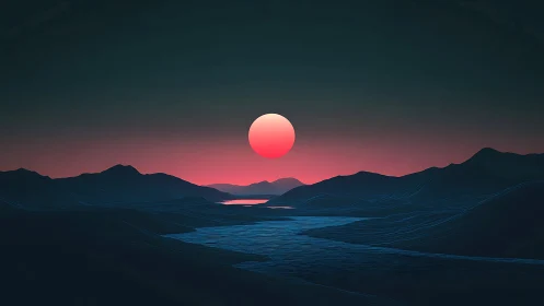 Neon sun sinks over stylized mountains and glowing river.