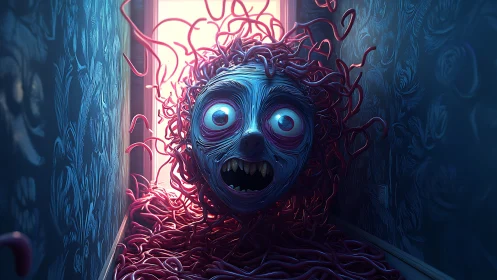 Grotesque tendril-faced orb advances down narrow hallway