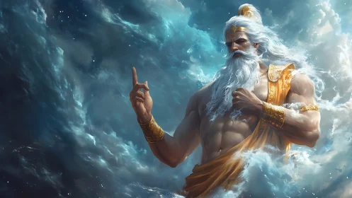 Mythic sky deity in storm-forged celestial digital painting.
