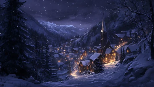 Snowbound alpine village glows under nocturnal winter sky