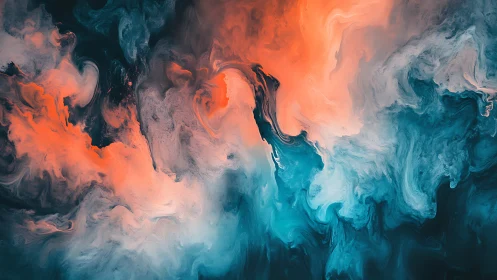 Bilateral teal and coral fluid clouds form a dynamic vortex