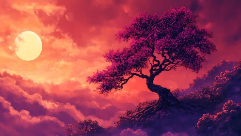 Radiant moonlit blossom tree crowns a chromatic cloudscape