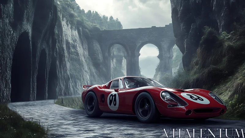 Scarlet racer haunting a misty stone viaduct roadscape.