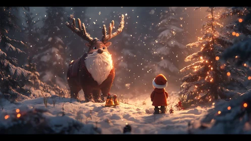 Cinematic winter forest with stylized reindeer and child encounter