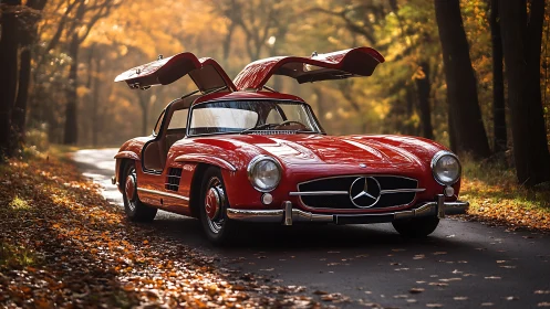 Red classic gullwing sports car parked on a forest road