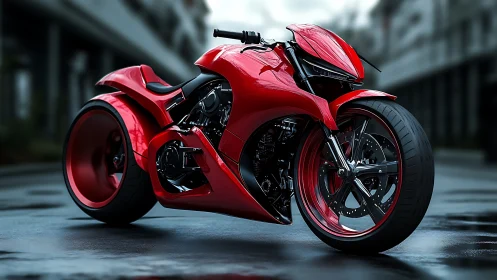 Photorealistic crimson concept motorcycle with sculpted aero shell.