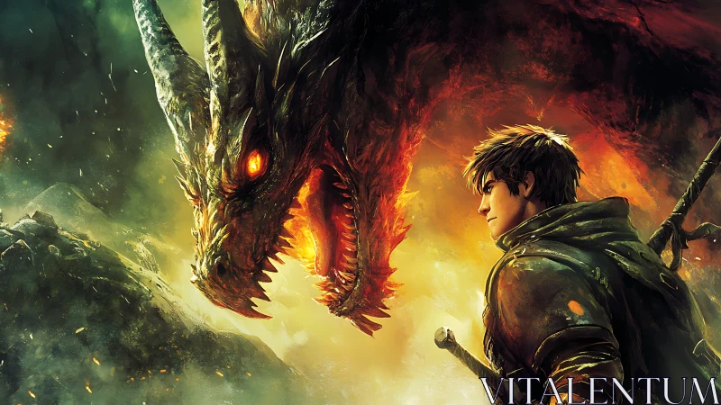 Firelit Standoff Between Ember Dragon And Lone Warrior.