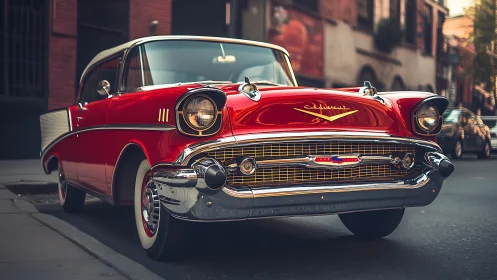 Urban-parked red classic coupe with chrome-intensive front fascia.
