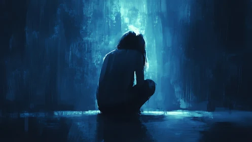 Quiet blue corner where solitude meets soft inner light.