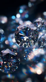 Close-up of sparkling cut diamonds against dark backdrop.