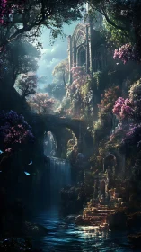 Ancient stone ruins above a shaded forest waterfall.