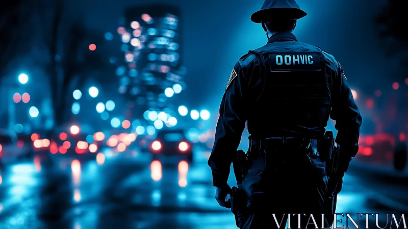 Lone officer surveys neon city street in rainy midnight glow