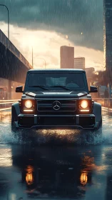 Mercedes G-Class roars through rainy city streets at dusk.