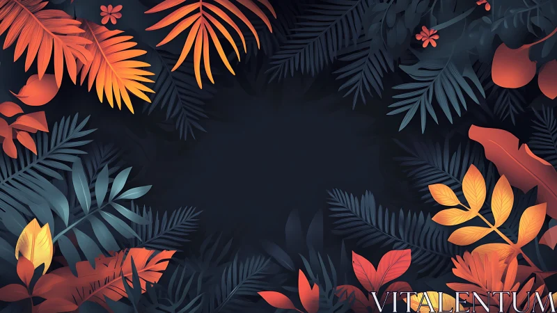 Tropical foliage frame with orange teal leaves on deep navy field