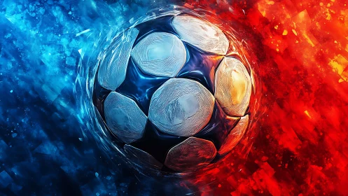 Soccer ball splits cold blue energy and hot red flame