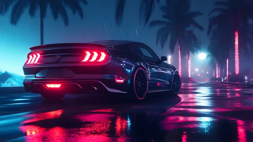 Neon-lit sports coupe rendered with wet reflective roadway shaders