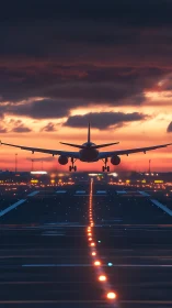 Airliner flare-out over illuminated runway at civil dusk.