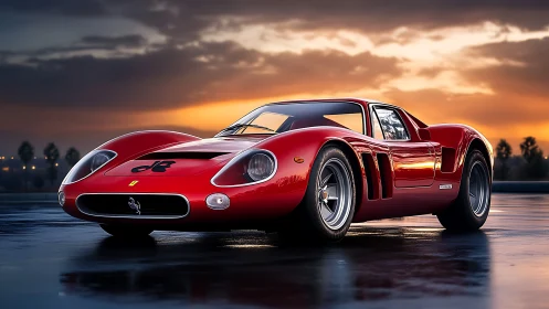 Sunset glow welcomes a sleek red classic sports car