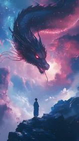 Starlit child confronts cosmic dragon amid glowing clouds.