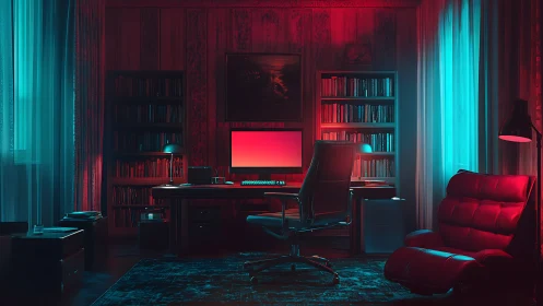 Cinematic neon-lit home office with dual-tone ambient glow.