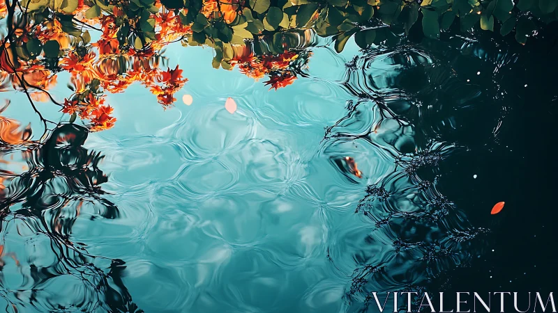 Autumn leaves reflected over teal rippled water surface.