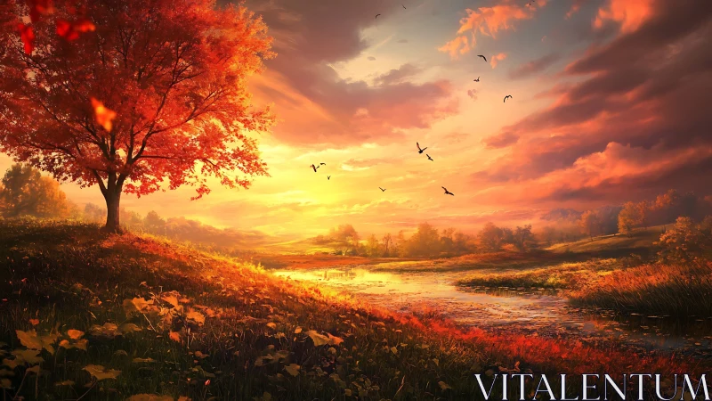 Sunset over autumn meadow and reflective riverside pond.