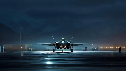 Stealth fighter jet aligned on wet tarmac under nocturnal ramp lighting