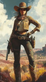 Confident cowgirl hero standing bold in golden desert light.