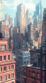 Sunlit city towers rising warmly above cozy side streets.