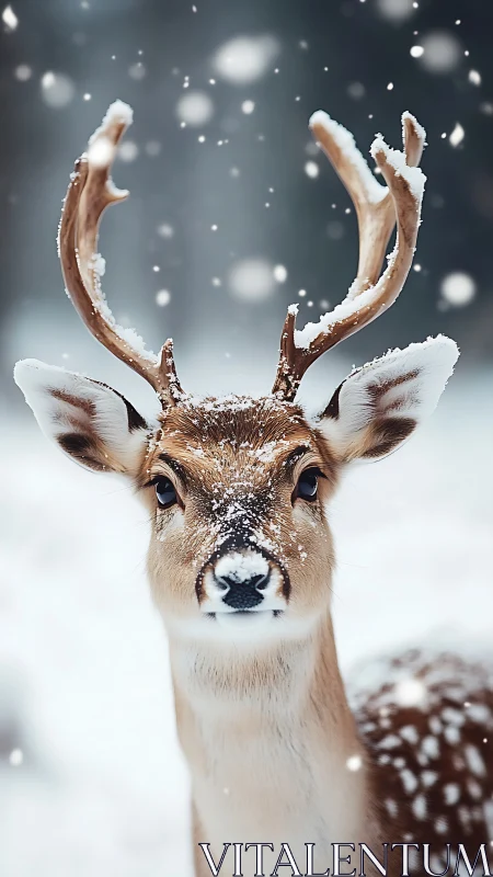 Snow-covered deer stands in front-facing winter portrait
