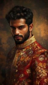 Regal male portrait in ornate red sherwani with painterly bokeh