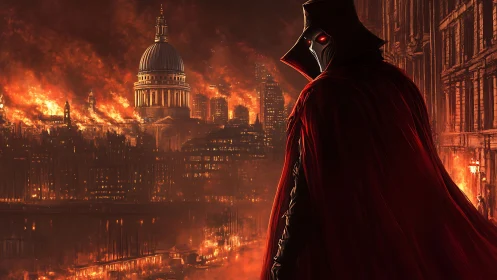 Masked warlock observes burning city under bloodred sky.
