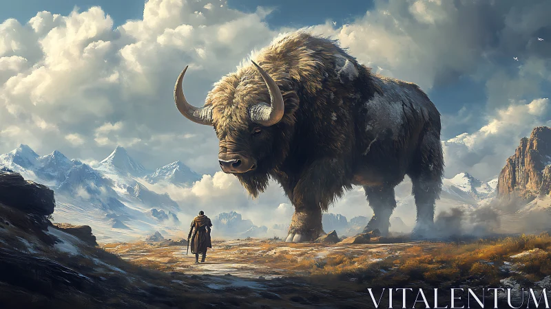 Wanderer confronts colossal horned beast in icy highlands.