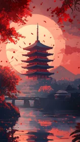 Crimson pagoda rises against colossal autumn sun glow.
