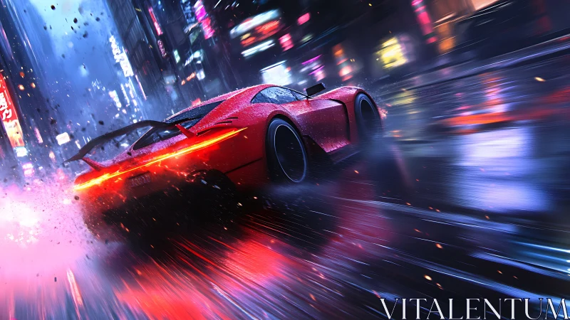 Neon rain peels away as a crimson supercar shreds the night