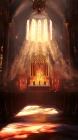 Gothic cathedral nave with luminous altar and volumetric sunlight