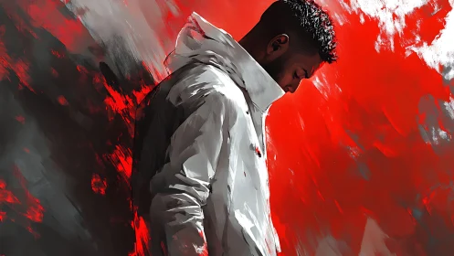 Solitary figure burning through scarlet storm of emotion.