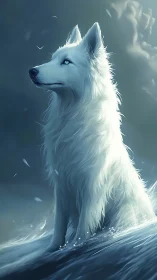 White wolf with blue eyes standing in misty water scene.